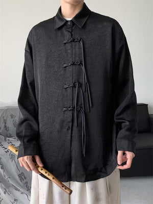 Men's Retro Tassel Button Black Lapel Long Sleeve Shirt