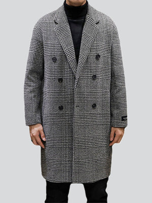 Men's Autumn Double-Breasted Lapel Checked Midi Woolen Coat