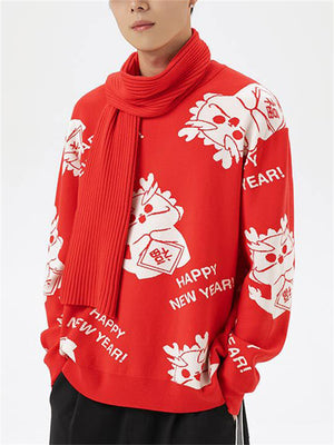 Happy New Year Carton Loong Couple Sweater with Scarf