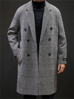 Men's Autumn Double-Breasted Lapel Checked Midi Woolen Coat