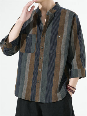 Men's Leisure Stripe Contrast Color Stand Collar Half Sleeve Shirt