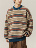 Vintage Contrast Color Stripes Crew Neck Knitted Sweater for Men