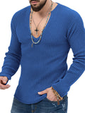 Men's U Neck Stripe Texture Fit Knitted Shirt