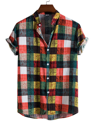 Men's Stand Collar Color Block Plaid Shirt