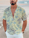 Summer Short Sleeve Lapel Leaf Print Men's Vacation Shirts