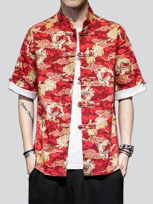 Men's Fashion Short-Sleeved Loong Printed Tang Suit Shirt