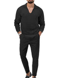 Male Leisure Waffle Long-sleeved Tops Trousers Two-piece Set