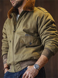 Male Retro Fur Collar Bomber Jacket Zippered Flight Coat