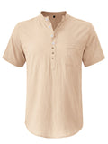 Men's Hawaiian Casual Stand Collar Short Sleeve Cotton Linen Shirt