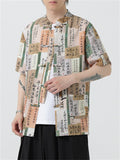 Chinese Style Hanzi Print Color Block Button Shirt for Men