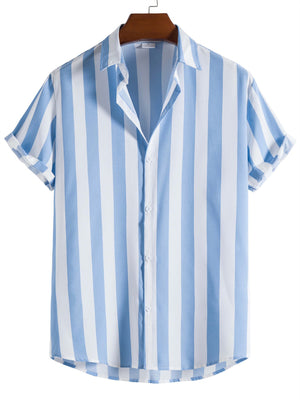 Men's Vertical Striped Button Down Aloha Shirt for Beach