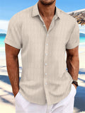 Men's Striped Texture Cotton Linen Short Sleeve Shirt