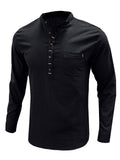 Men's Holiday Patch Pocket Long Sleeve Henry Cotton Linen Shirt