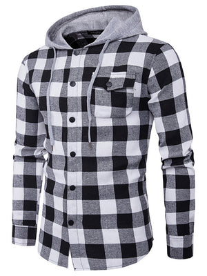 Male Trendy Plaid Button-up Shirt with Hood