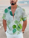 Summer Short Sleeve Lapel Leaf Print Men's Vacation Shirts