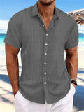 Men's Striped Texture Cotton Linen Short Sleeve Shirt