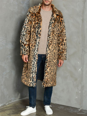 Men's Fluffy Leopard Faux Fur Mid-Length Winter Coat