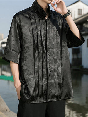 Summer Men's Chinese Silky Jacquard Retro Short Sleeve Shirt