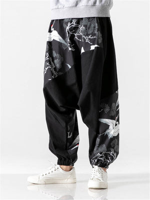 Japanese High Street Cranes Printed Loose Pants for Men