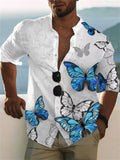 Male Comfy Stand Collar Butterfly Flower Printed Shirt