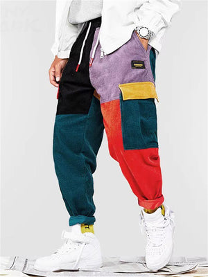 Men's Color Block Patchwork Multi-Pocket Corduroy Pants