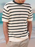 Men's Vacation Stripe Round Neck Knitted Short Sleeve Sweater Shirt