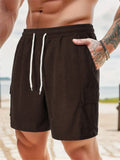 Male Solid Color Multi-Pocket Drawstring Corduroy Shorts