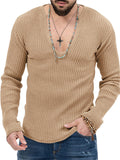 Men's U Neck Stripe Texture Fit Knitted Shirt