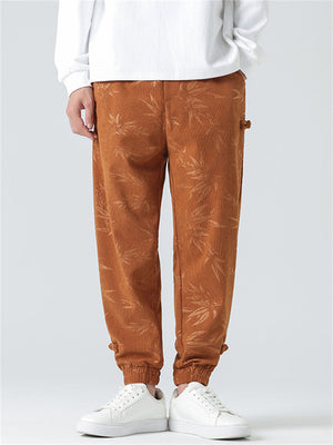 Men's Chinese Style Bamboo Leaf Pattern Side Button Corduroy Pants