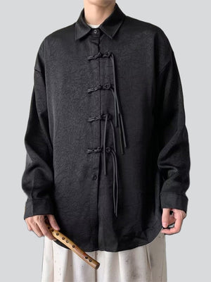 Men's Retro Tassel Button Black Lapel Long Sleeve Shirt