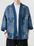 Men's Vintage Blue Lace-Up Plaid Denim Jacket