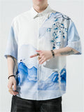 Chinese Landscape Ink Painting Vintage Shirt for Men