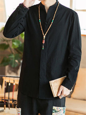 Men's Stand Collar Knot Button Spring Loose Linen Shirt