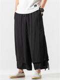 Men's Zen Style Side Slit Lace Up Layered Linen Pants