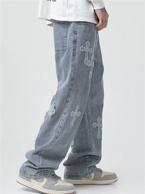 Fashion Cross Decorated Loose Wide Leg Jeans