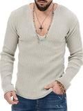 Men's U Neck Stripe Texture Fit Knitted Shirt