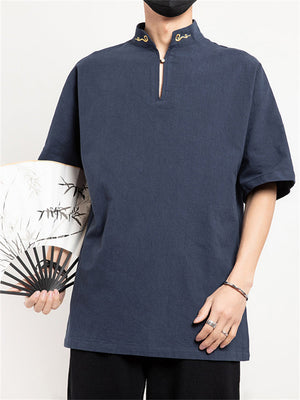 Men's Retro Cloud Embroidered Stand Collar Linen Shirt