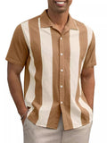 Two Color Stripes Lapel Short Sleeve Cuba Shirt for Men