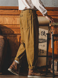 Vintage Mid-Rise Solid Color Tapered Pants for Men