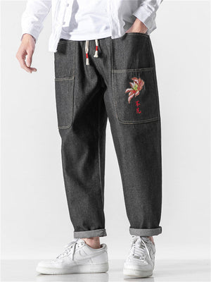 Men's Floral Embroidered Pocket Jeans