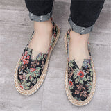 Vintage Floral Leaf Print Slip-On Flat Canvas Shoes for Men