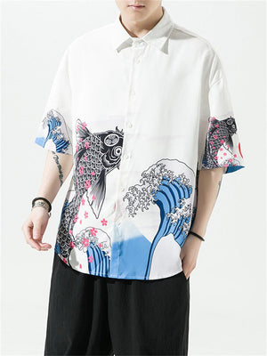 Fish Crane Mountain Print Summer Button T-shirt for Men