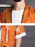 Men's Tang Dynasty Vintage Print Orange Lace Up Shirt