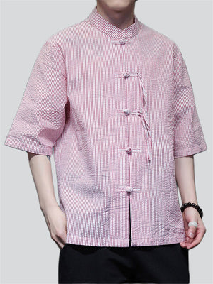 Traditional Chinese Clothing Male Knot Button Stripe Shirts