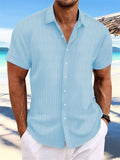 Men's Striped Texture Cotton Linen Short Sleeve Shirt