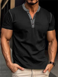 Stretchy Slim Fit Contrast Color Henley Shirt for Men