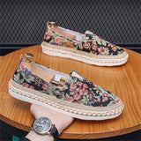 Vintage Floral Leaf Print Slip-On Flat Canvas Shoes for Men