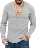 Men's U Neck Stripe Texture Fit Knitted Shirt