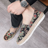 Vintage Floral Leaf Print Slip-On Flat Canvas Shoes for Men