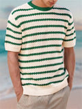 Men's Vacation Stripe Round Neck Knitted Short Sleeve Sweater Shirt